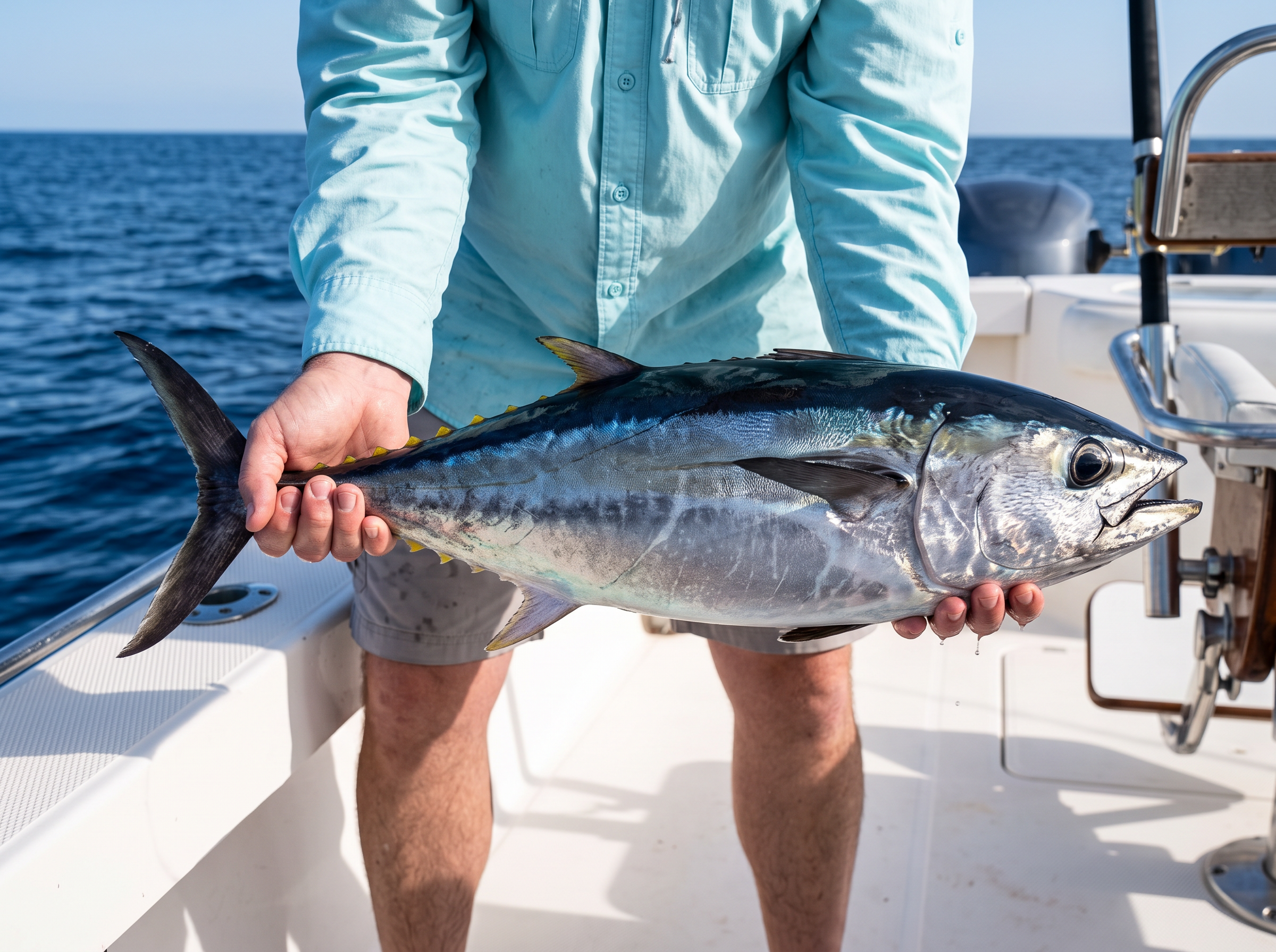 Angler holding a Pacific bluefin tuna on an offshore fishing boat
